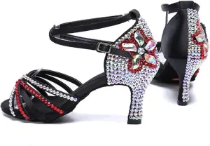 Black Latin Dance Shoes Diamond-encrusted Satin Women High-heeled Wedding Ballroom Performance Sandals For Adults(34)