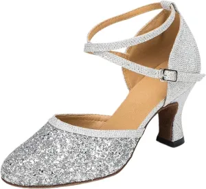 Ladies Latin Dancing Shoes Sparkling High-heeled Ballroom Dancing Tango Dancing Shoes Ladies Sandals(5 cm silver,10)