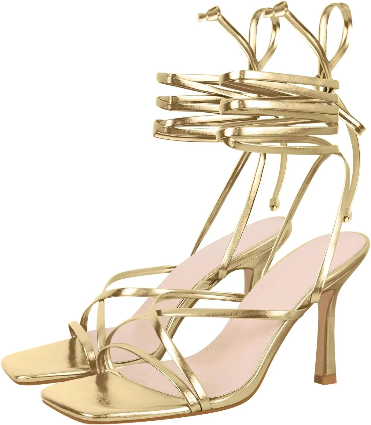 richealnini Women's Square Toe Lace Up Strappy Stilettos High Heeled Sandals