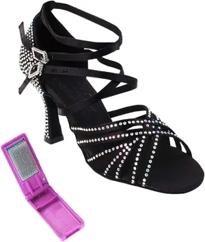 Very Fine Dance Shoes - Ladies Latin, Rhythm, Salsa, Waltz Ballroom Dance Shoes - S1006CC - 2.5-inch Heel and Foldable Brush Bundle - Black Satin - 7