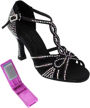 Very Fine Dance Shoes - Ladies Latin, Rhythm, Salsa, Waltz Ballroom Dance Shoes - S1008CC - 3-inch Heel and Foldable Brush Bundle - Black Satin - 5