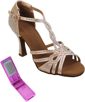 Very Fine Dance Shoes - Ladies Latin, Rhythm, Salsa, Waltz Ballroom Dance Shoes - S1008CC - 3-inch Heel and Foldable Brush Bundle - Flesh Satin - 7