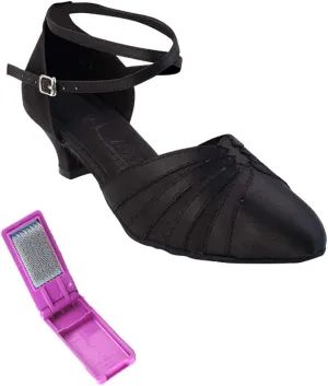 Very Fine Dance Shoes - Ladies Practice, Cuban Low Heel, Waltz Ballroom Dance Shoes - SERA3543-1.2-inch Heel and Foldable Brush Bundle - Black Satin - 8.5