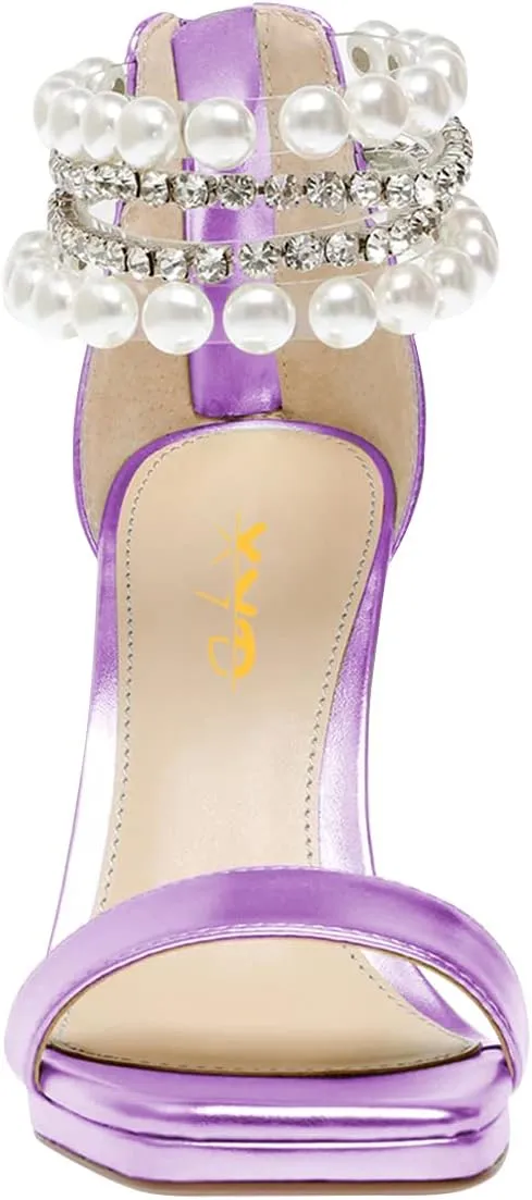 XYD Square Open Toe Ankle Strap Dress Sandals Chunky Heels Platform Rhinestone Transparent High Heeled Pumps Back Zip Prom Wedding Shoes for Women