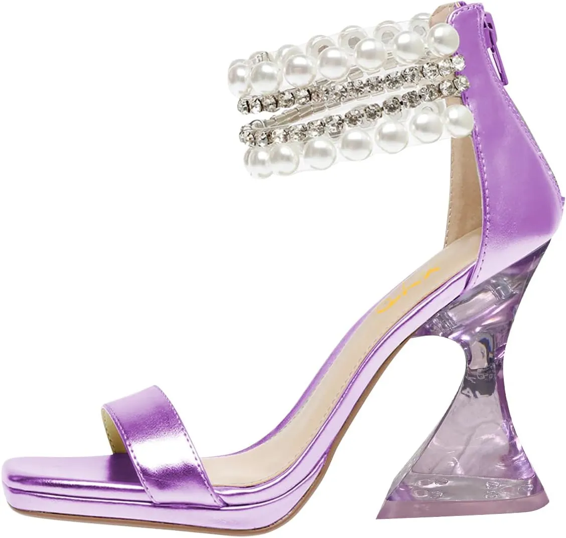 XYD Square Open Toe Ankle Strap Dress Sandals Chunky Heels Platform Rhinestone Transparent High Heeled Pumps Back Zip Prom Wedding Shoes for Women
