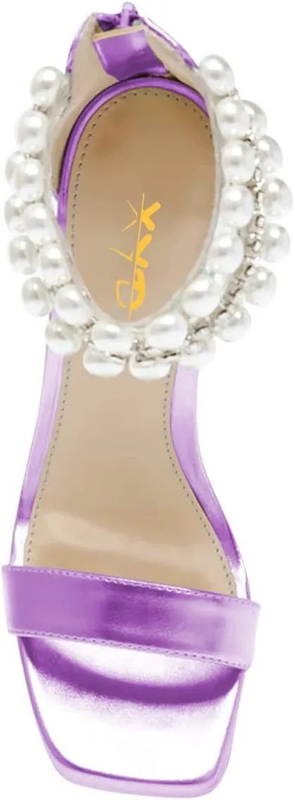 XYD Square Open Toe Ankle Strap Dress Sandals Chunky Heels Platform Rhinestone Transparent High Heeled Pumps Back Zip Prom Wedding Shoes for Women
