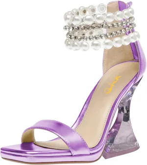 XYD Square Open Toe Ankle Strap Dress Sandals Chunky Heels Platform Rhinestone Transparent High Heeled Pumps Back Zip Prom Wedding Shoes for Women