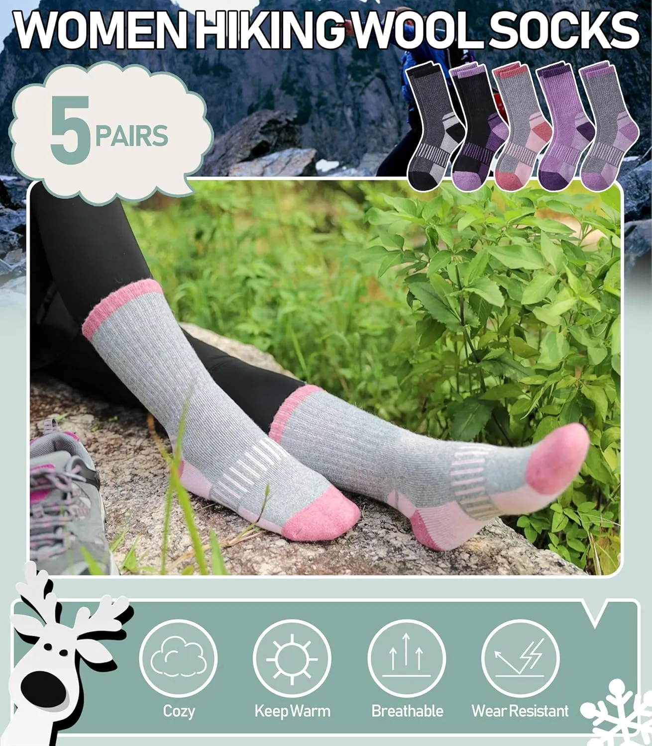 Yebing Merino Wool Hiking Socks for Womens Thermal Warm Winter Boot Crew Cushion Cozy Thick Work Gift Socks 5 Pairs